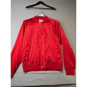 Scotch & Soda Bomber Jacket Mens Large Red Satin Leopard Print Guitar Logo